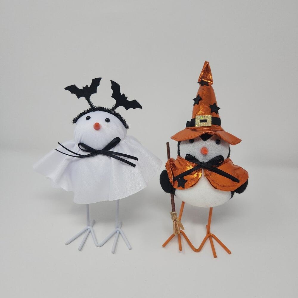White Boo Ghost & Orange Witch Felt Bird Set of 2